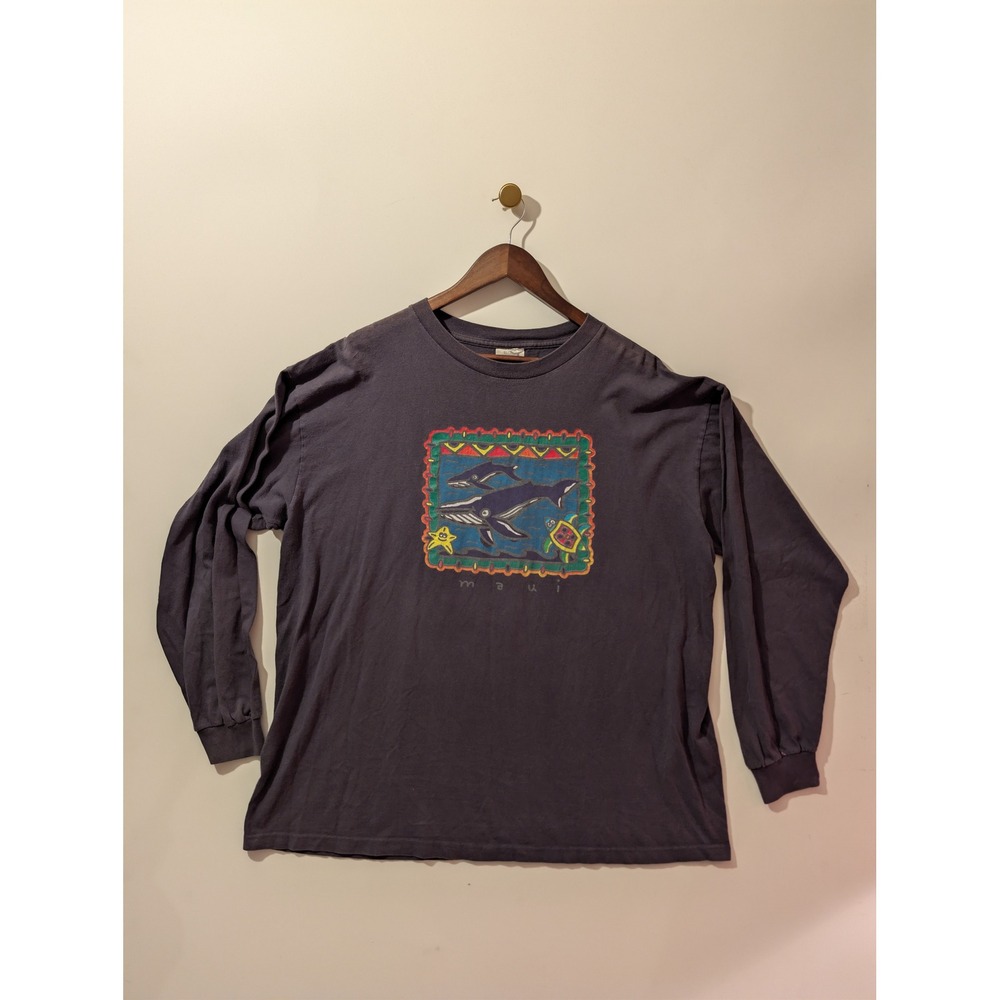 Maui Graphic Tee Mens 2XL Black Excellent Whale Sea Turtle Long Sleeve Shirt